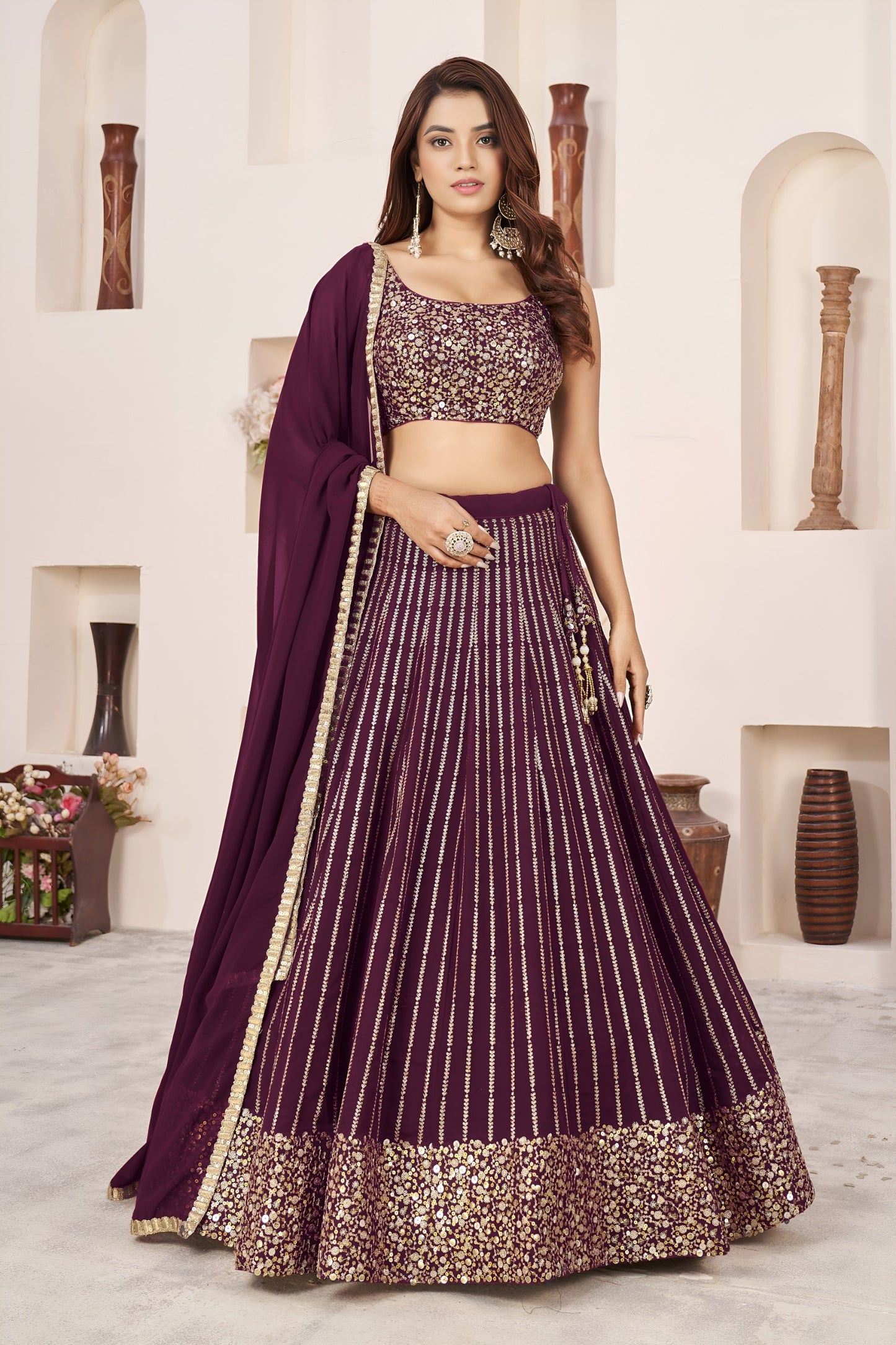 🍷 Wine Sequins Lehenga Choli