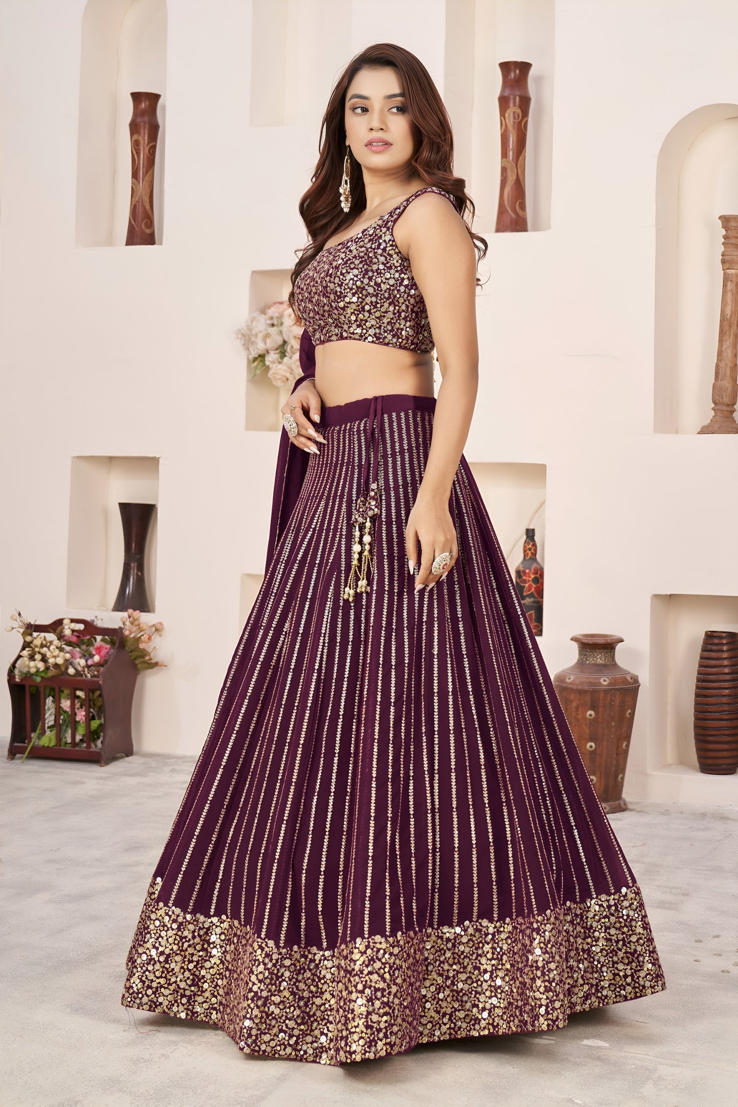 🍷 Wine Sequins Lehenga Choli