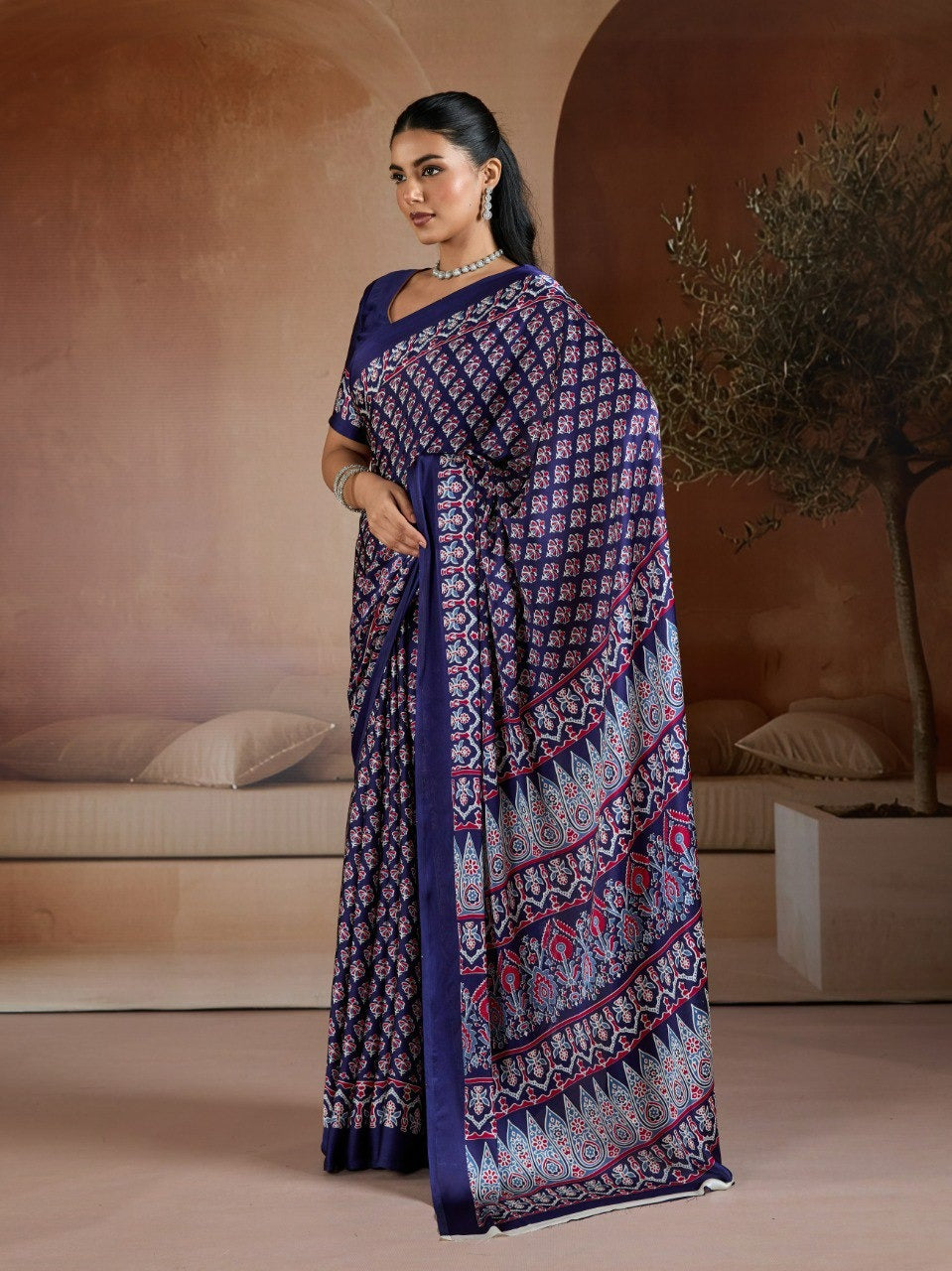 Handblock-Inspired Printed Crepe Sarees Set – Festive Indian Ethnic Wear featuring Ornate Geometric Borders and Matching Blouse Pieces in Vibrant Jewel Tones