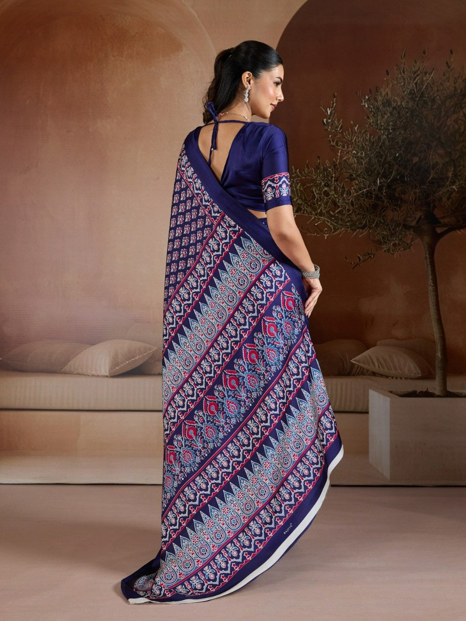 Handblock-Inspired Printed Crepe Sarees Set – Festive Indian Ethnic Wear featuring Ornate Geometric Borders and Matching Blouse Pieces in Vibrant Jewel Tones