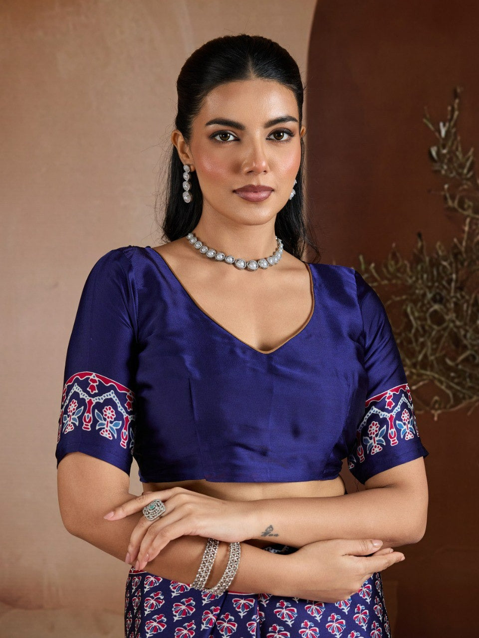 Handblock-Inspired Printed Crepe Sarees Set – Festive Indian Ethnic Wear featuring Ornate Geometric Borders and Matching Blouse Pieces in Vibrant Jewel Tones