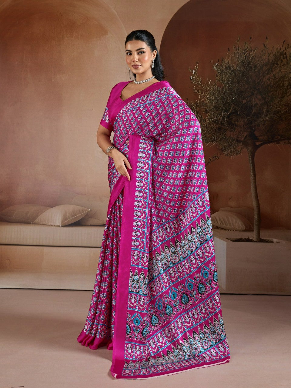 Handblock-Inspired Printed Crepe Sarees Set – Festive Indian Ethnic Wear featuring Ornate Geometric Borders and Matching Blouse Pieces in Vibrant Jewel Tones