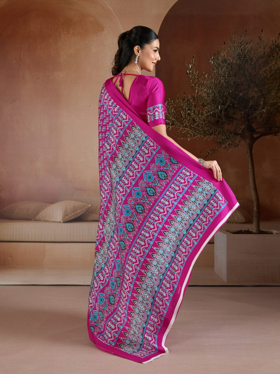 Handblock-Inspired Printed Crepe Sarees Set – Festive Indian Ethnic Wear featuring Ornate Geometric Borders and Matching Blouse Pieces in Vibrant Jewel Tones