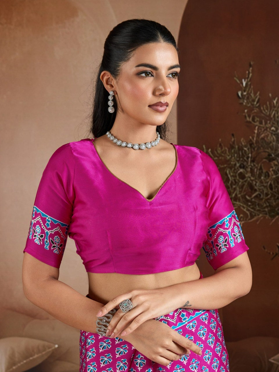 Handblock-Inspired Printed Crepe Sarees Set – Festive Indian Ethnic Wear featuring Ornate Geometric Borders and Matching Blouse Pieces in Vibrant Jewel Tones