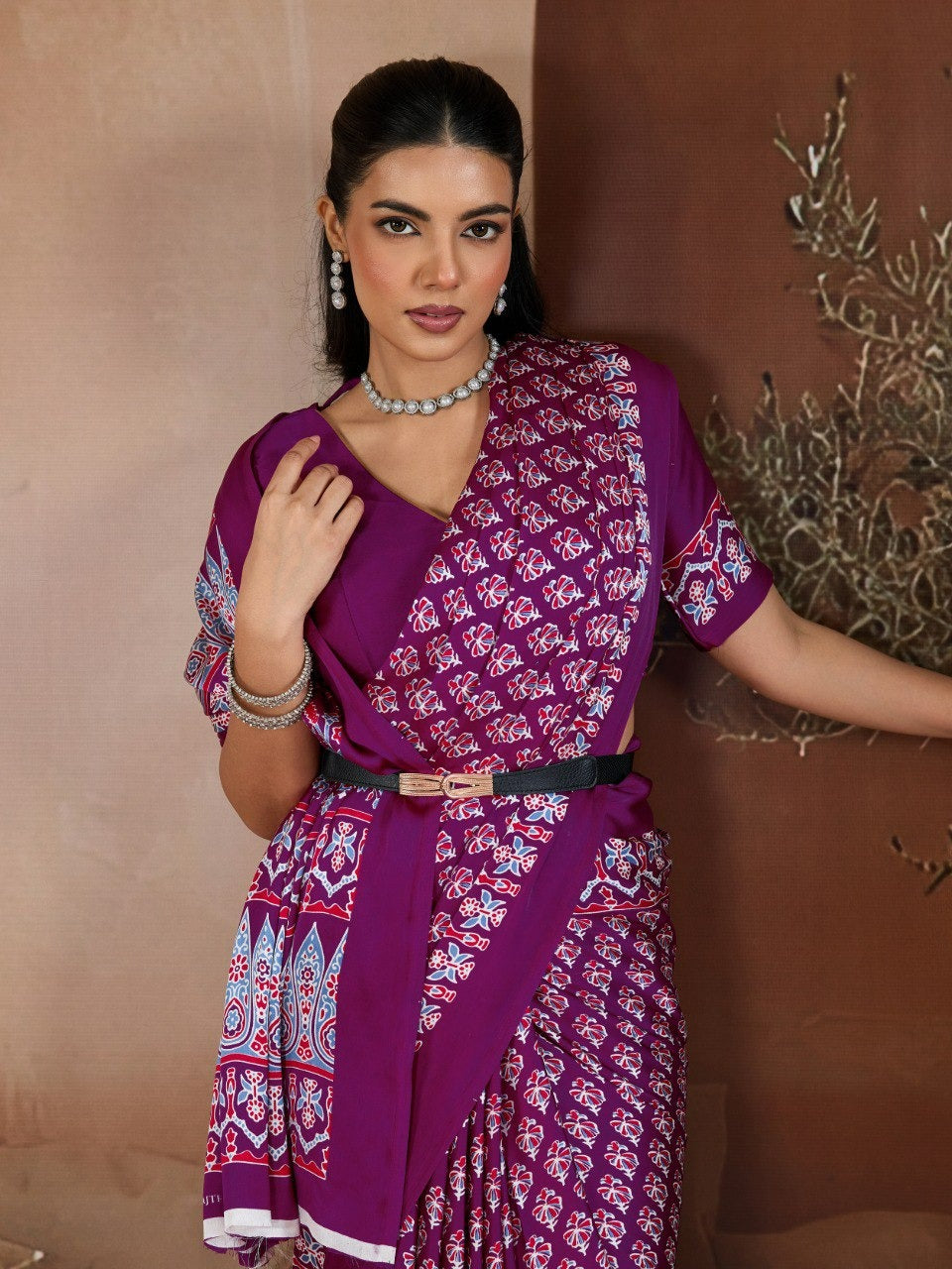Handblock-Inspired Printed Crepe Sarees Set – Festive Indian Ethnic Wear featuring Ornate Geometric Borders and Matching Blouse Pieces in Vibrant Jewel Tones