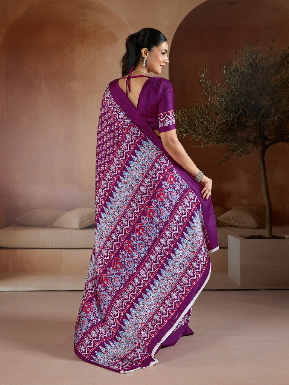 Handblock-Inspired Printed Crepe Sarees Set – Festive Indian Ethnic Wear featuring Ornate Geometric Borders and Matching Blouse Pieces in Vibrant Jewel Tones