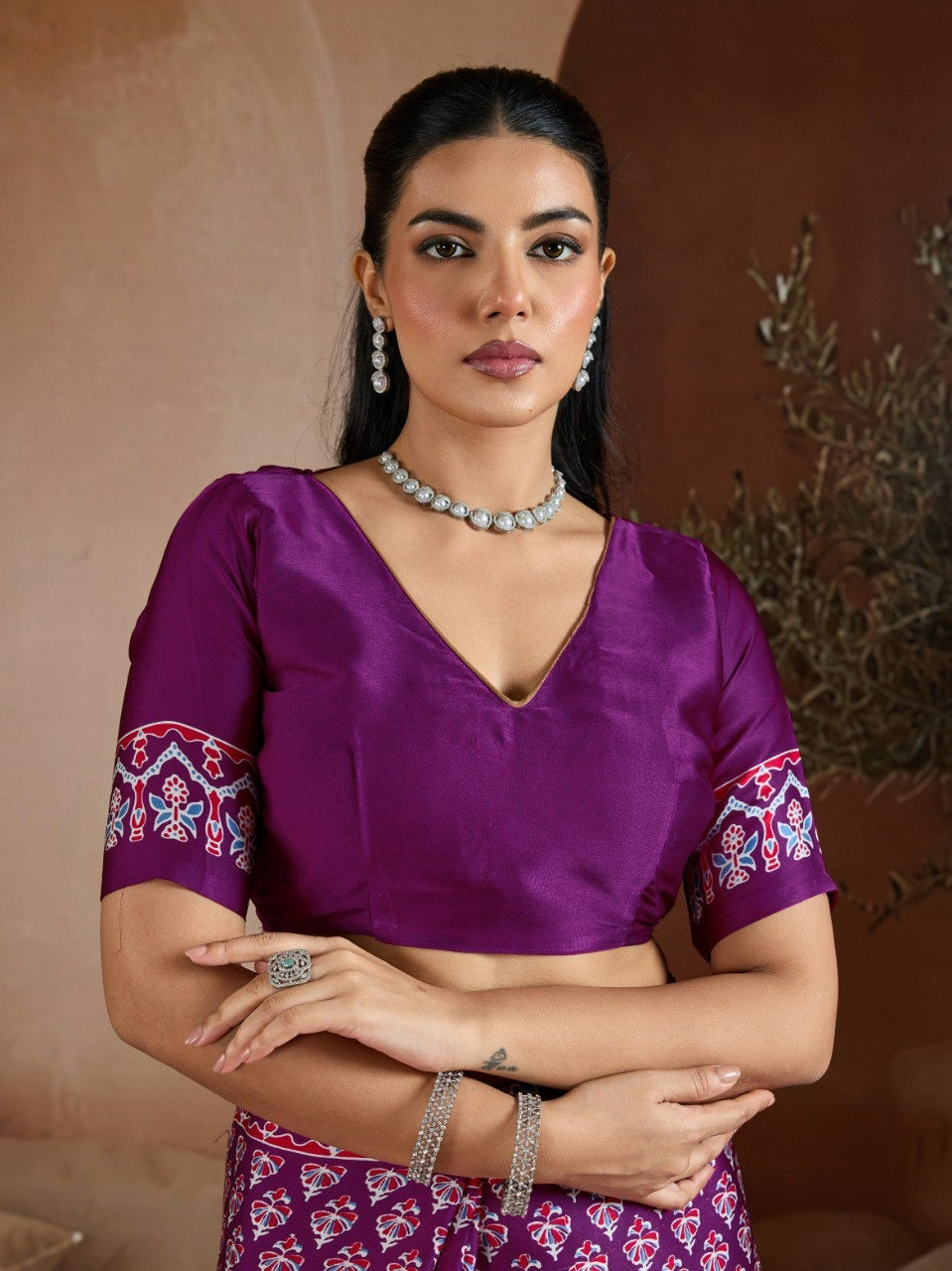 Handblock-Inspired Printed Crepe Sarees Set – Festive Indian Ethnic Wear featuring Ornate Geometric Borders and Matching Blouse Pieces in Vibrant Jewel Tones