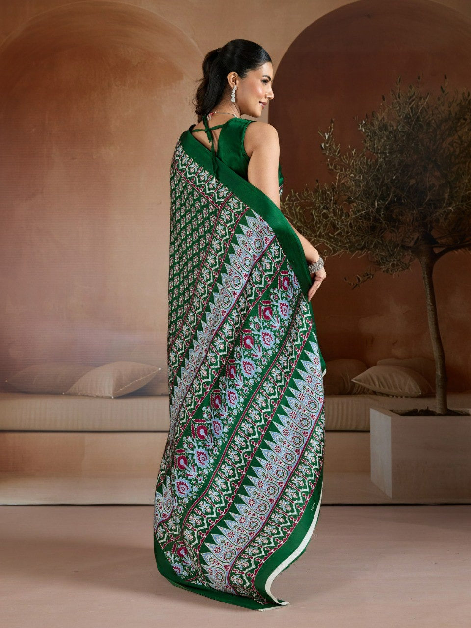 Handblock-Inspired Printed Crepe Sarees Set – Festive Indian Ethnic Wear featuring Ornate Geometric Borders and Matching Blouse Pieces in Vibrant Jewel Tones