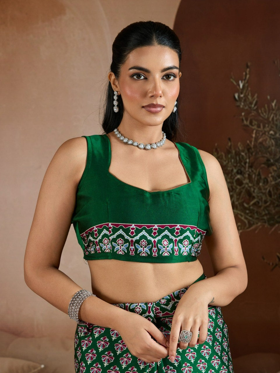Handblock-Inspired Printed Crepe Sarees Set – Festive Indian Ethnic Wear featuring Ornate Geometric Borders and Matching Blouse Pieces in Vibrant Jewel Tones