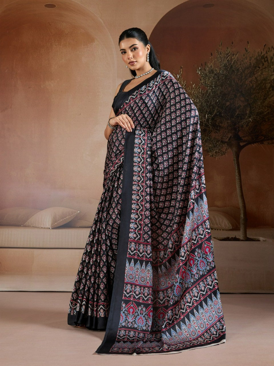 Handblock-Inspired Printed Crepe Sarees Set – Festive Indian Ethnic Wear featuring Ornate Geometric Borders and Matching Blouse Pieces in Vibrant Jewel Tones