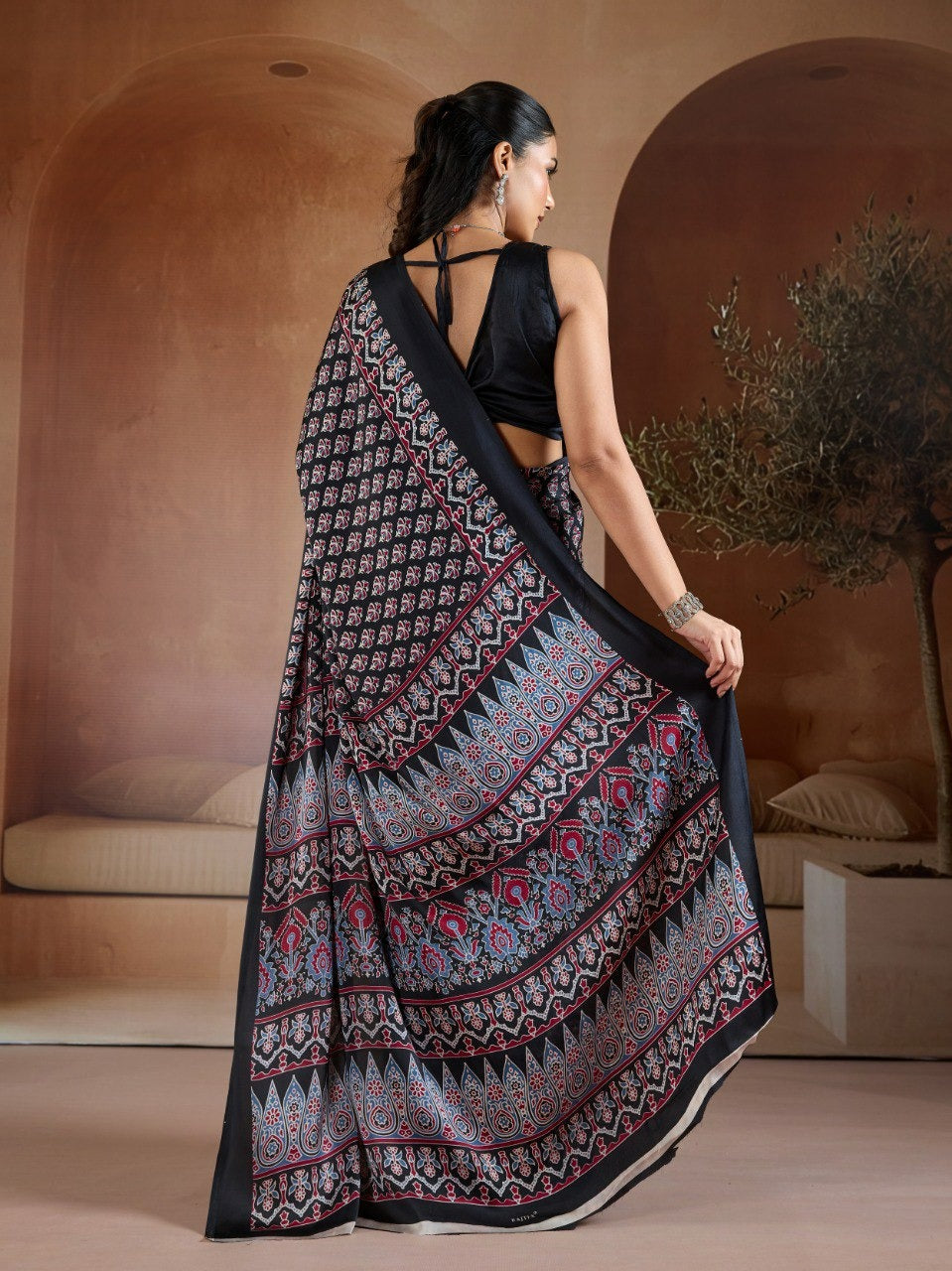 Handblock-Inspired Printed Crepe Sarees Set – Festive Indian Ethnic Wear featuring Ornate Geometric Borders and Matching Blouse Pieces in Vibrant Jewel Tones