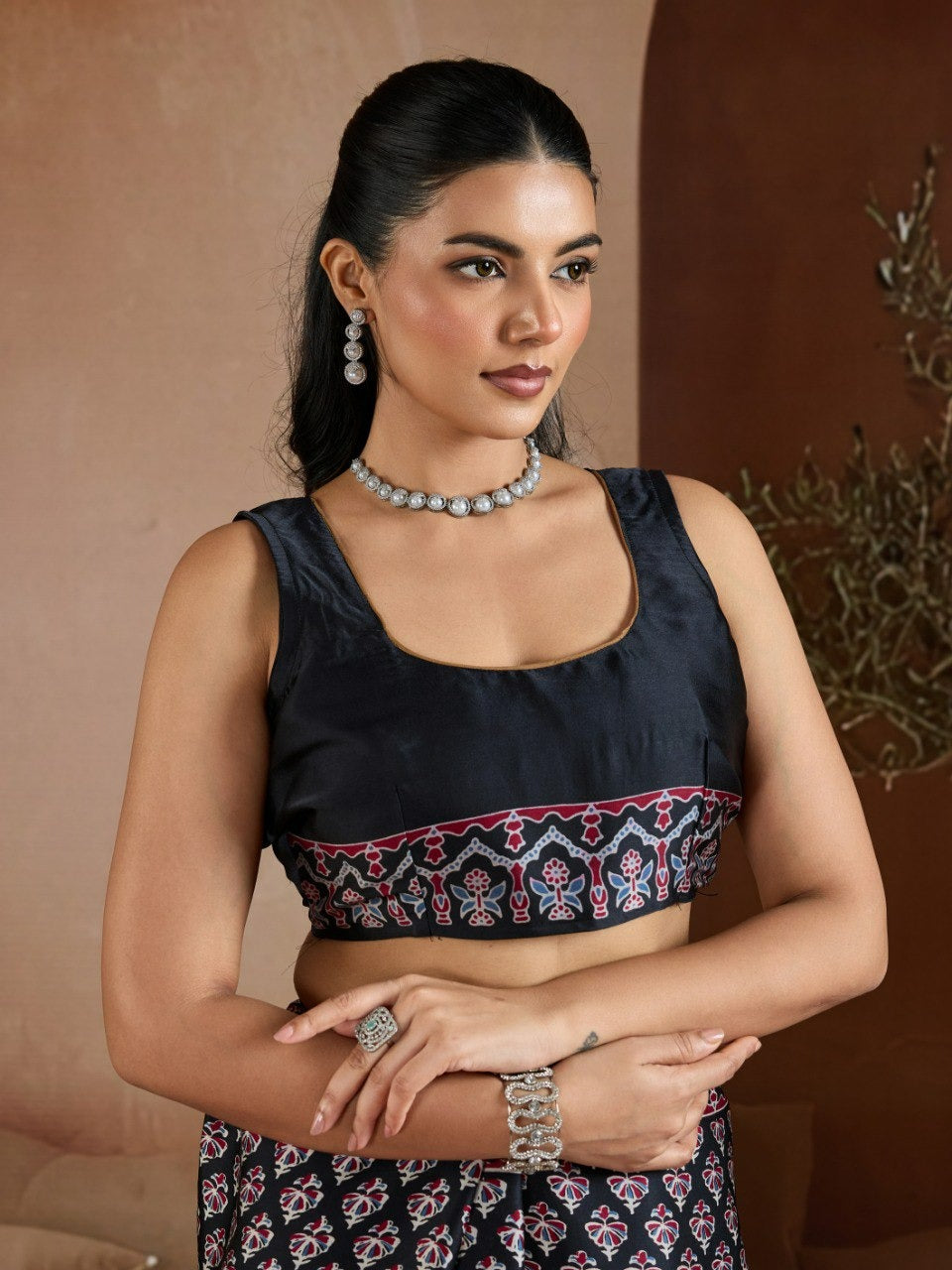Handblock-Inspired Printed Crepe Sarees Set – Festive Indian Ethnic Wear featuring Ornate Geometric Borders and Matching Blouse Pieces in Vibrant Jewel Tones