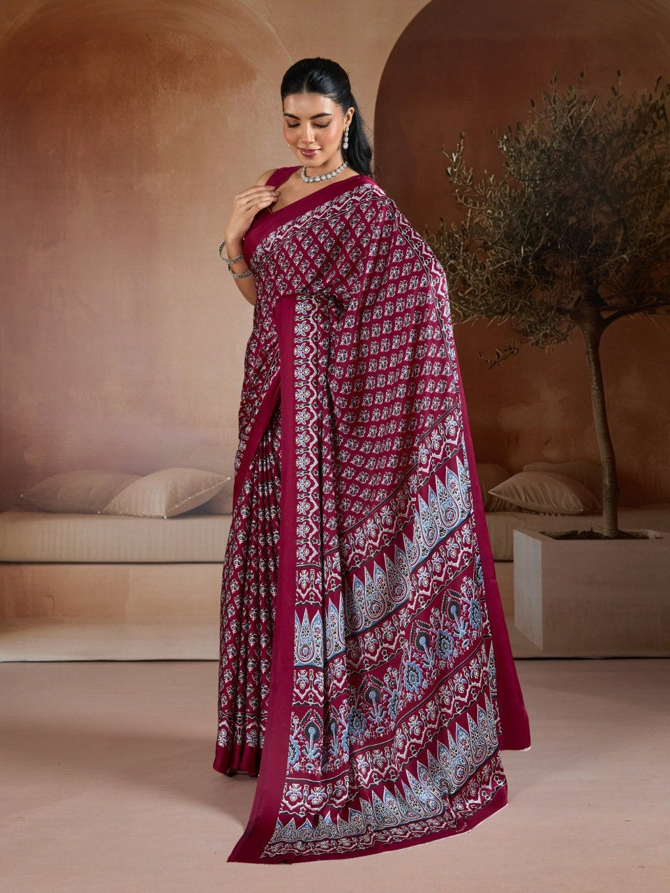 Handblock-Inspired Printed Crepe Sarees Set – Festive Indian Ethnic Wear featuring Ornate Geometric Borders and Matching Blouse Pieces in Vibrant Jewel Tones