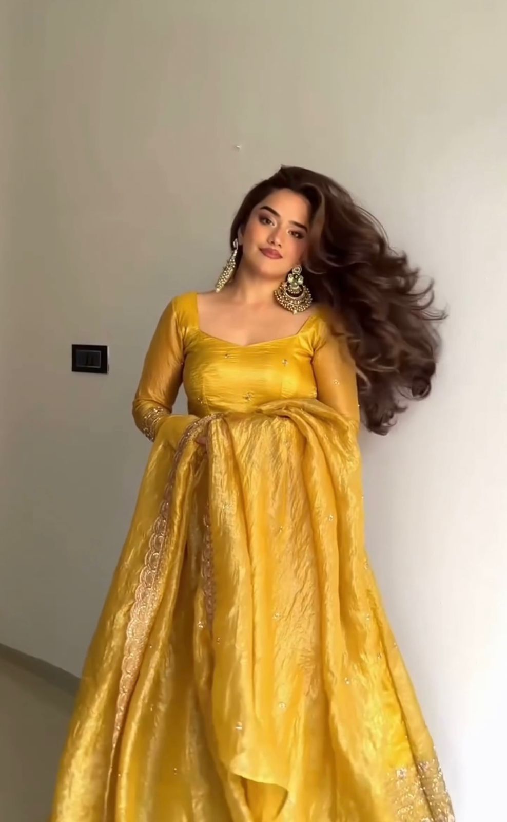Stunning Mustard Yellow Silk Anarkali Gown with Delicate Mirror Work Embellishments and a Matching Tissue Dupatta Set