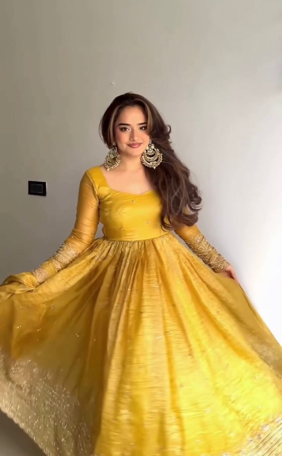 Stunning Mustard Yellow Silk Anarkali Gown with Delicate Mirror Work Embellishments and a Matching Tissue Dupatta Set