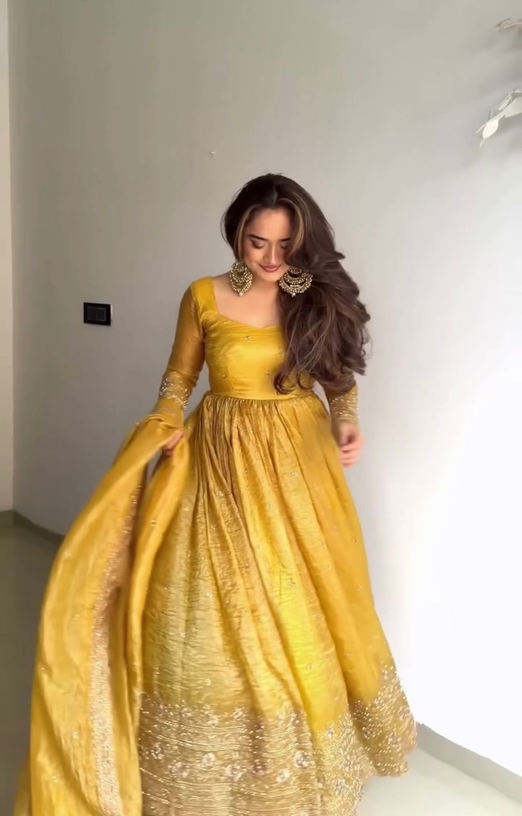 Stunning Mustard Yellow Silk Anarkali Gown with Delicate Mirror Work Embellishments and a Matching Tissue Dupatta Set
