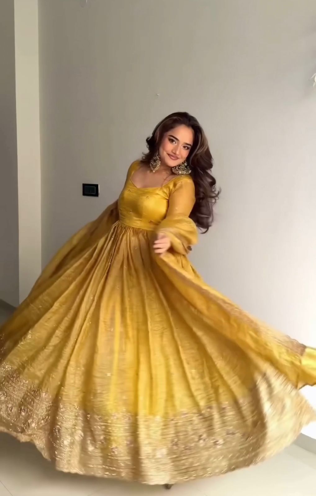 Stunning Mustard Yellow Silk Anarkali Gown with Delicate Mirror Work Embellishments and a Matching Tissue Dupatta Set