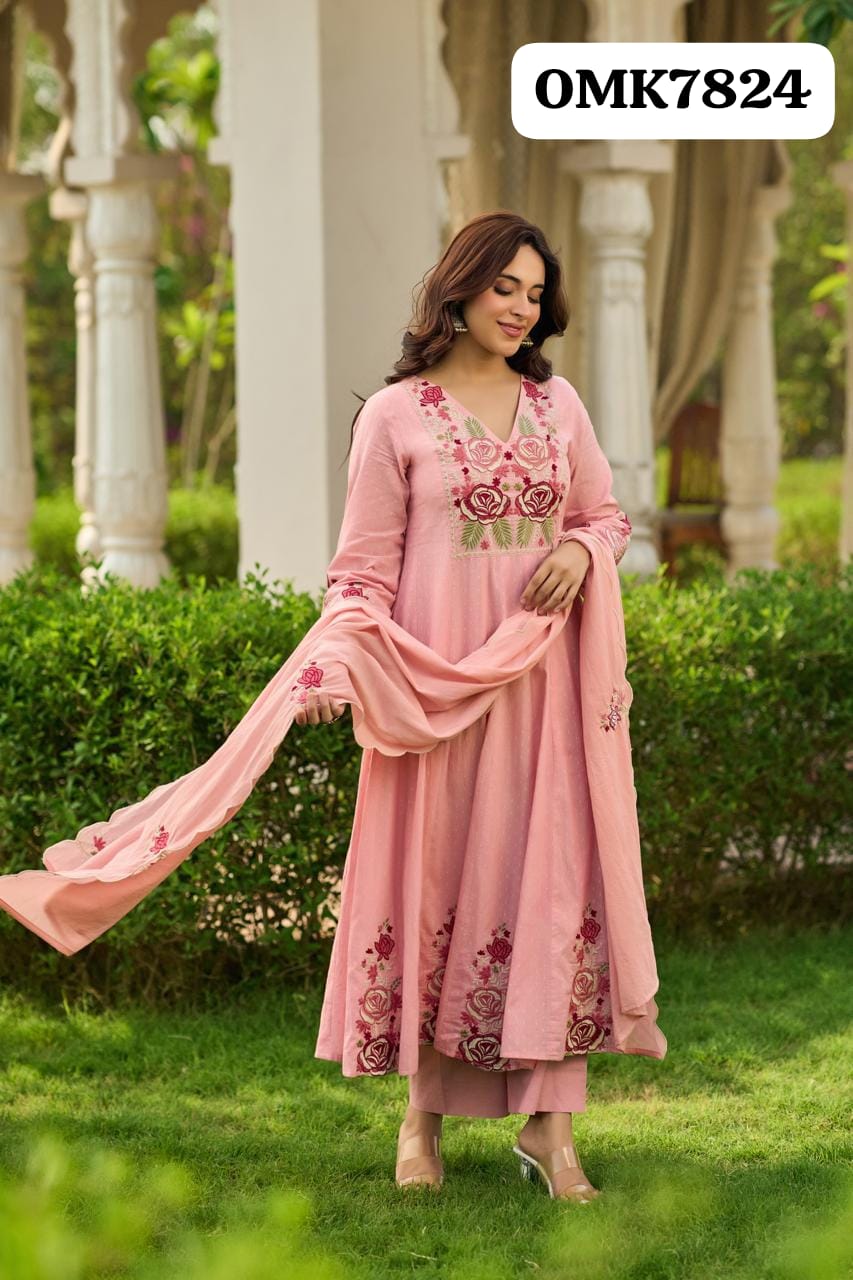 Beautiful Designer Floral  Three Piece Cotton Schiffli Full Flair Anarkali Kurti Paired With Cotton  Pant And Cotton Dupatta With Embroidery