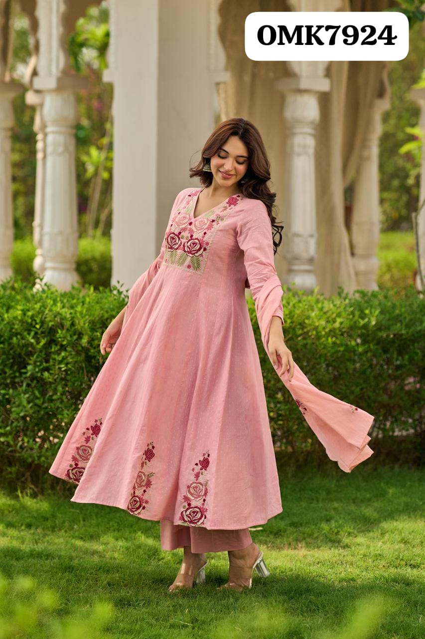 Beautiful Designer Floral  Three Piece Cotton Schiffli Full Flair Anarkali Kurti Paired With Cotton  Pant And Cotton Dupatta With Embroidery