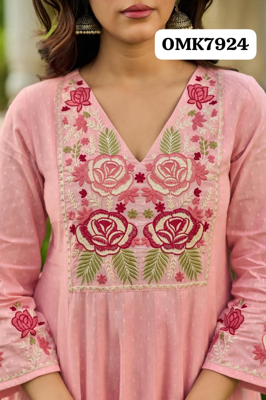 Beautiful Designer Floral  Three Piece Cotton Schiffli Full Flair Anarkali Kurti Paired With Cotton  Pant And Cotton Dupatta With Embroidery