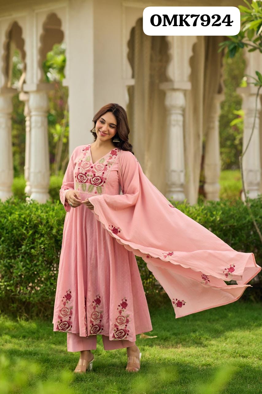 Beautiful Designer Floral  Three Piece Cotton Schiffli Full Flair Anarkali Kurti Paired With Cotton  Pant And Cotton Dupatta With Embroidery
