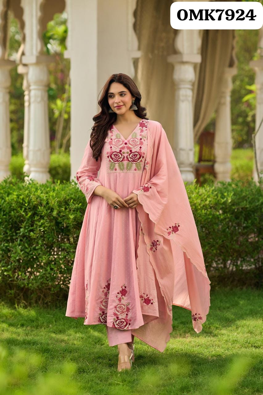 Beautiful Designer Floral  Three Piece Cotton Schiffli Full Flair Anarkali Kurti Paired With Cotton  Pant And Cotton Dupatta With Embroidery