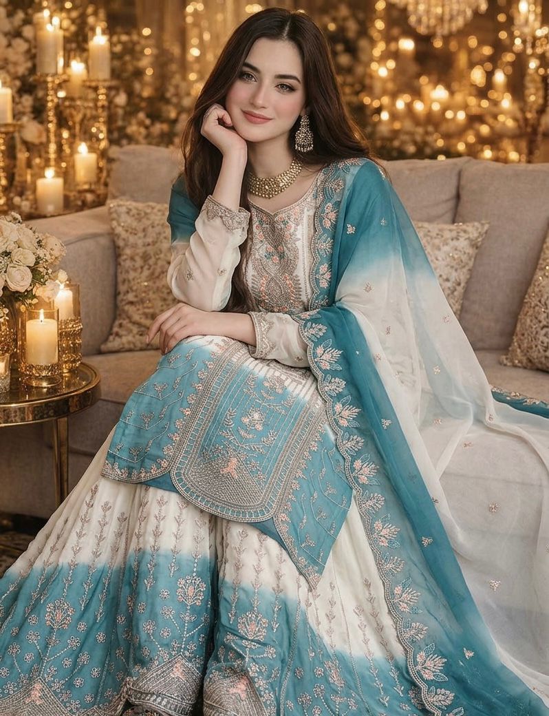 👗Launching New 🦋 Đěsigner Party Wear Look Pur Heavy Dual Tone Peding Star Georgette Top Plazzo & Dupatta Set👗