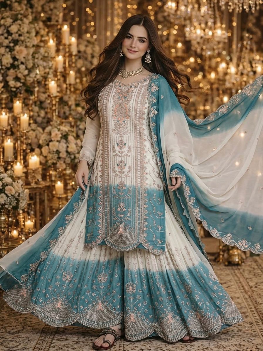 👗Launching New 🦋 Đěsigner Party Wear Look Pur Heavy Dual Tone Peding Star Georgette Top Plazzo & Dupatta Set👗