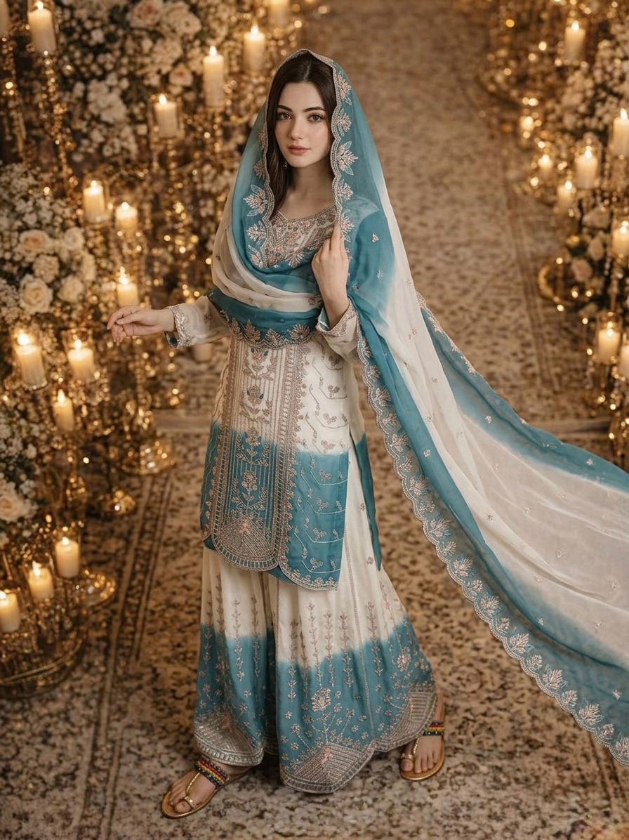 👗Launching New 🦋 Đěsigner Party Wear Look Pur Heavy Dual Tone Peding Star Georgette Top Plazzo & Dupatta Set👗