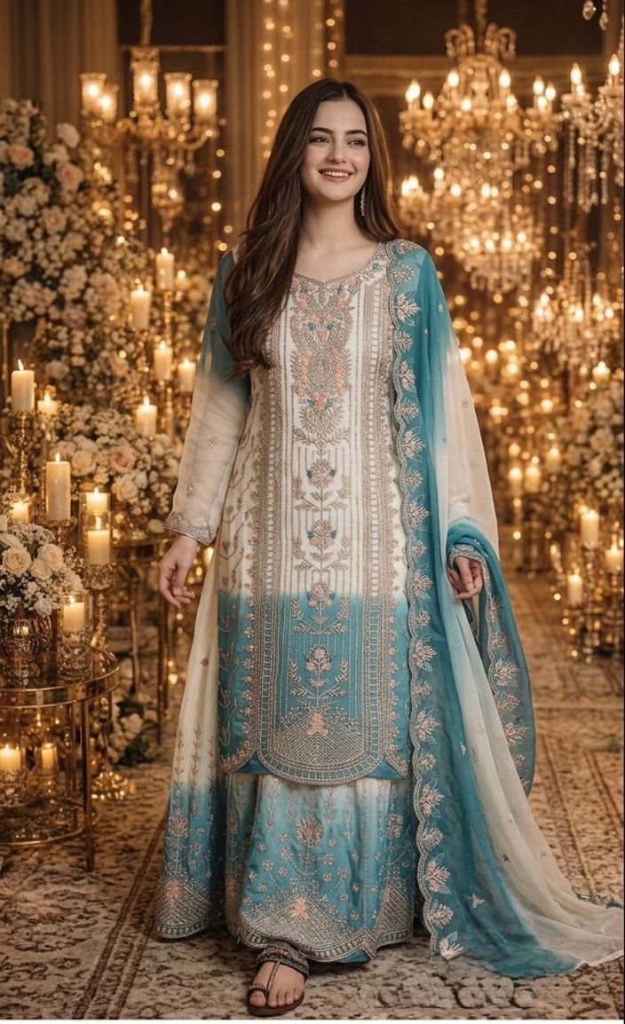 👗Launching New 🦋 Đěsigner Party Wear Look Pur Heavy Dual Tone Peding Star Georgette Top Plazzo & Dupatta Set👗