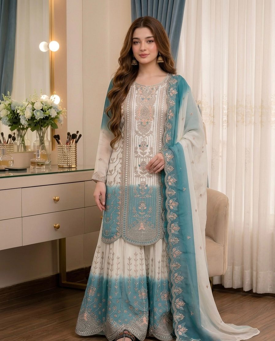 👗Launching New 🦋 Đěsigner Party Wear Look Pur Heavy Dual Tone Peding Star Georgette Top Plazzo & Dupatta Set👗