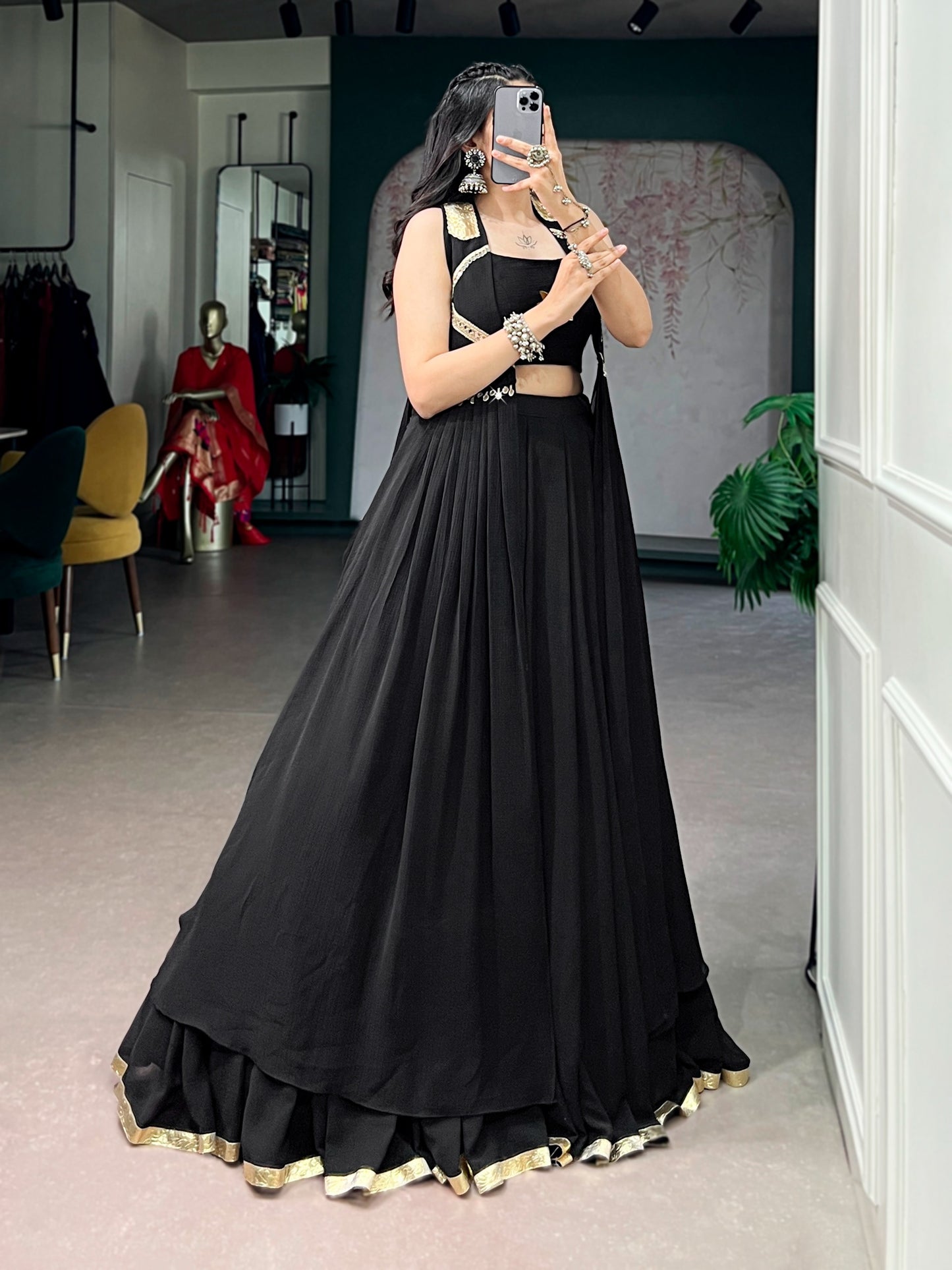 Ready-to-Wear Elegance in a Feather-Light Flow Fabric with Lotus Handwork & a Graceful Long Jacket.