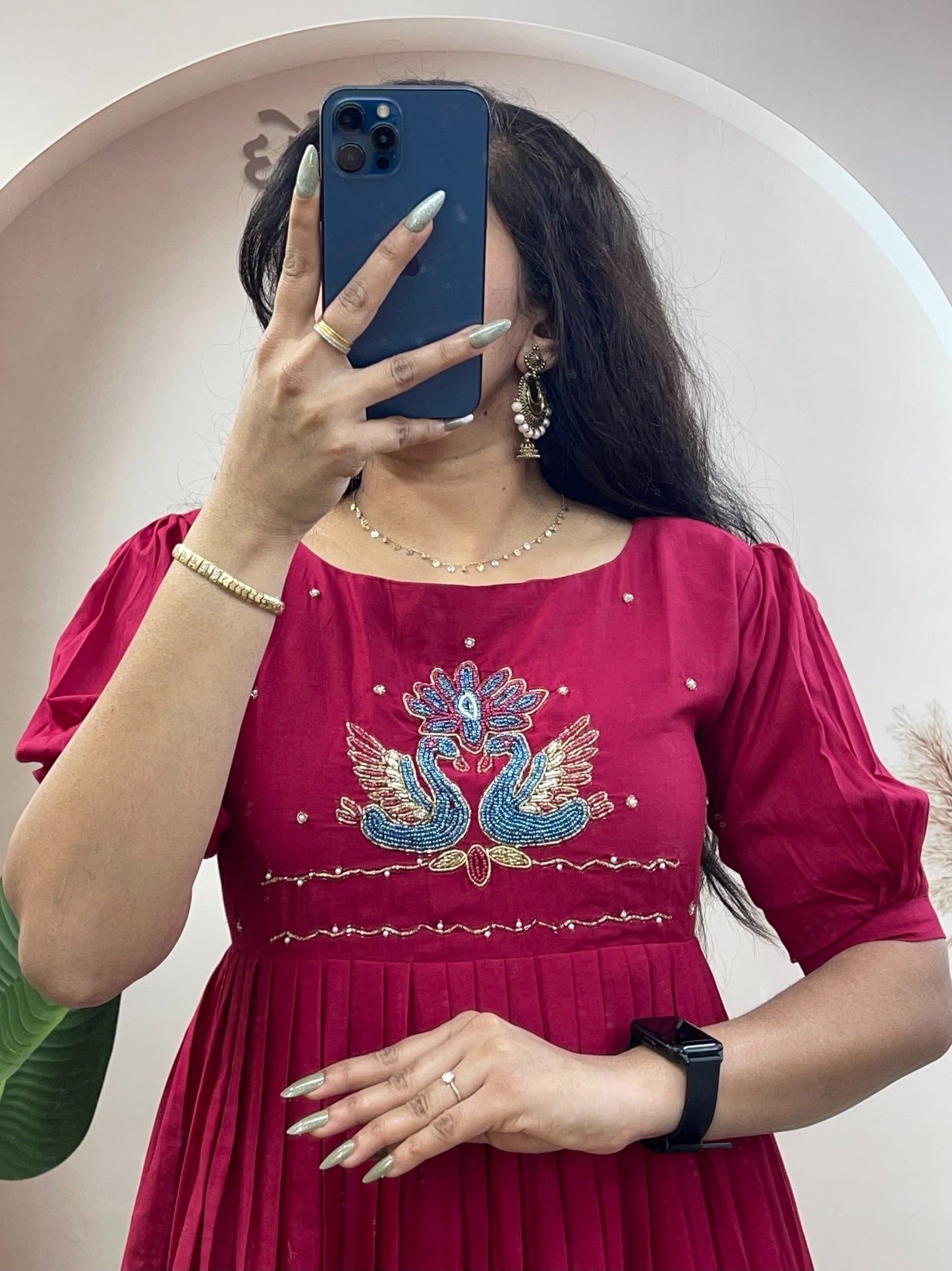 Elegant Cotton Flared Anarkali Maxi Dress with Intricate Peacock Hand Embroidery and Puff Sleeves .