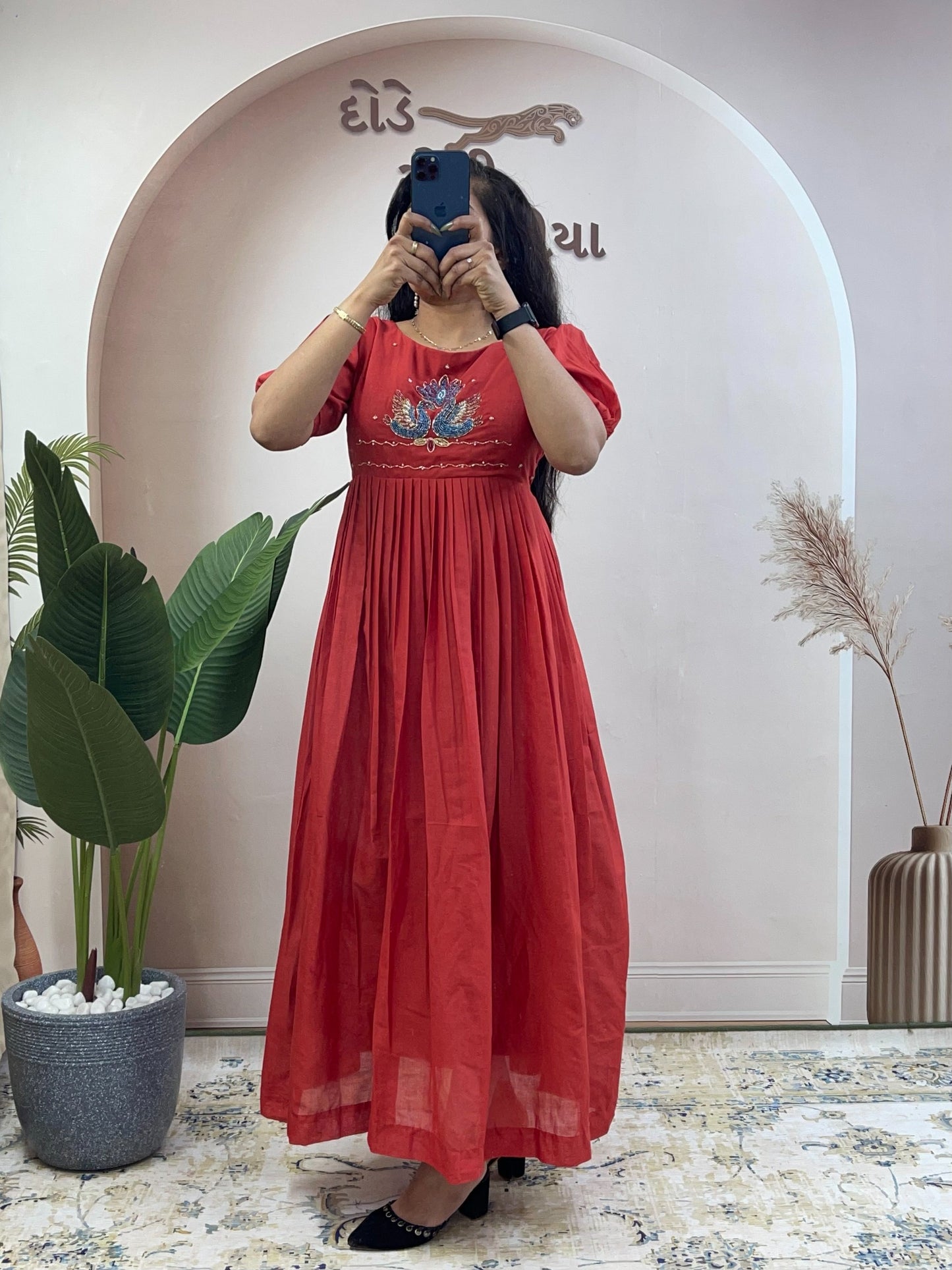 Elegant Cotton Flared Anarkali Maxi Dress with Intricate Peacock Hand Embroidery and Puff Sleeves .