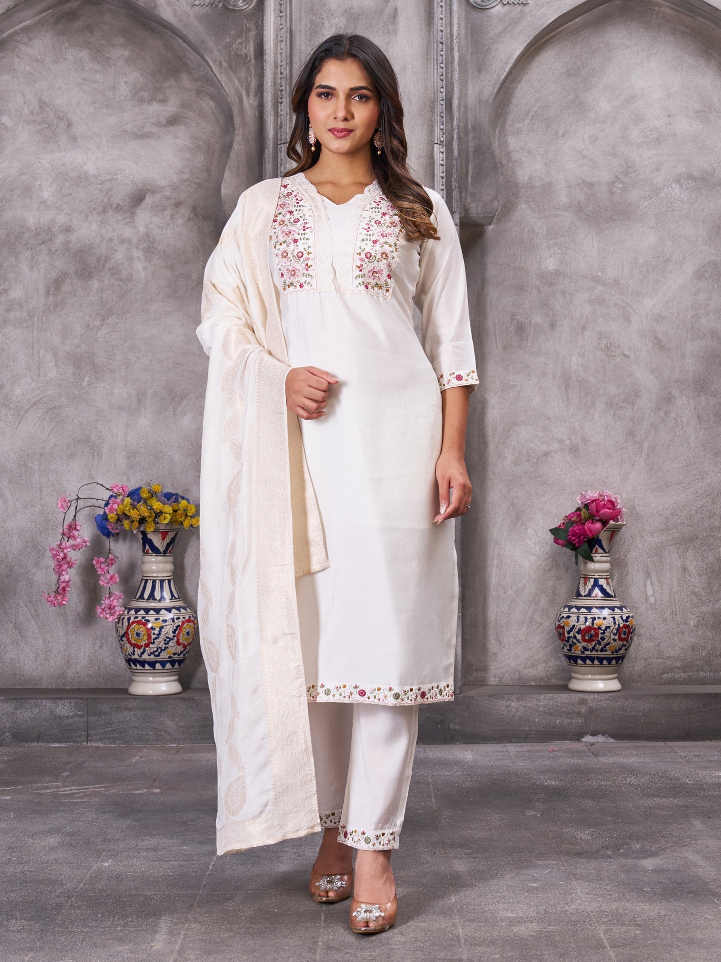 Elegant Off-White Silk Straight Kurta Set with Pastel Floral Embroidery and Matching Dupatta