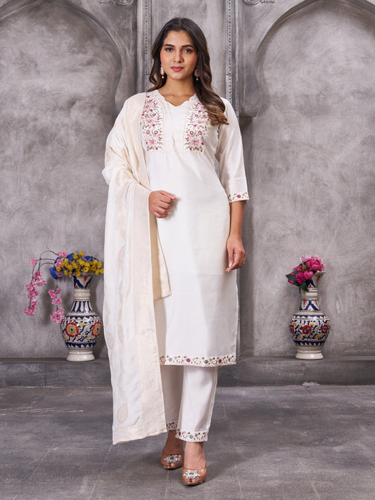 Elegant Off-White Silk Straight Kurta Set with Pastel Floral Embroidery and Matching Dupatta