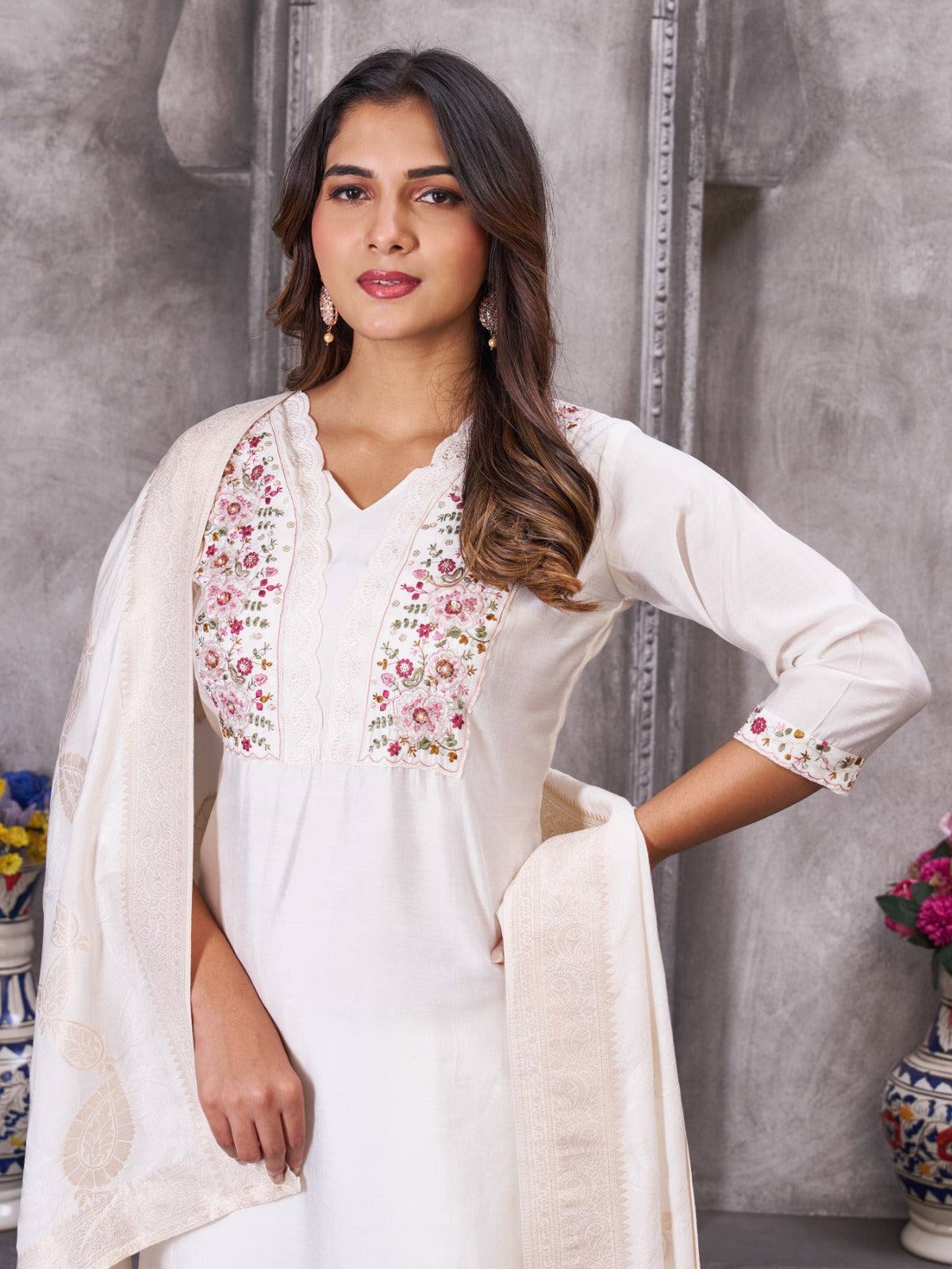Elegant Off-White Silk Straight Kurta Set with Pastel Floral Embroidery and Matching Dupatta