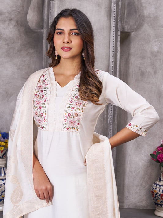 Elegant Off-White Silk Straight Kurta Set with Pastel Floral Embroidery and Matching Dupatta