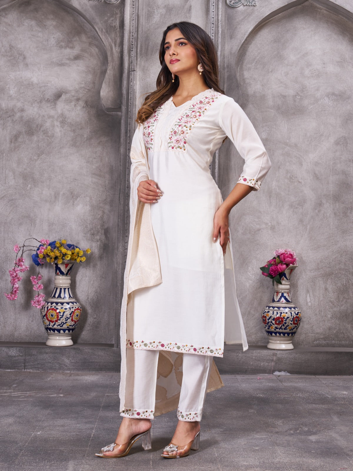 Elegant Off-White Silk Straight Kurta Set with Pastel Floral Embroidery and Matching Dupatta