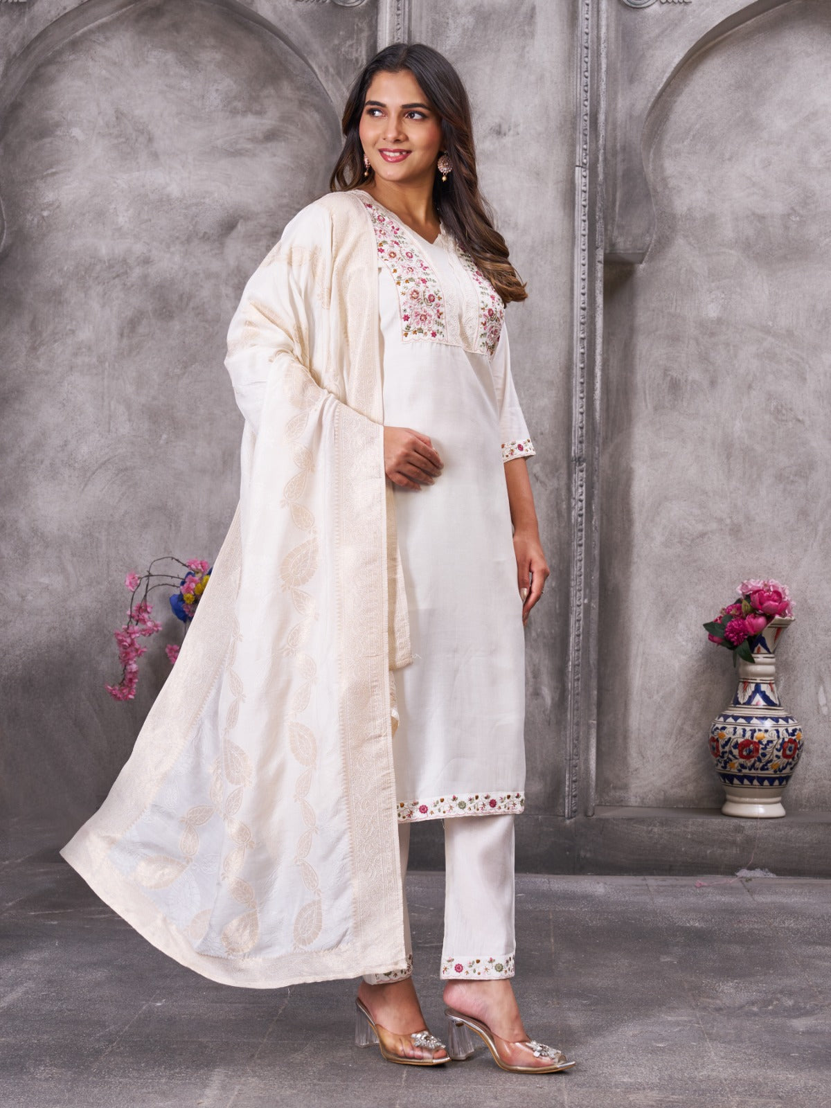 Elegant Off-White Silk Straight Kurta Set with Pastel Floral Embroidery and Matching Dupatta
