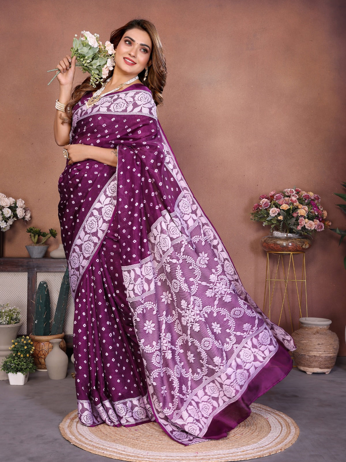 Pure Handmade Bandhej Viscose Silk Saree