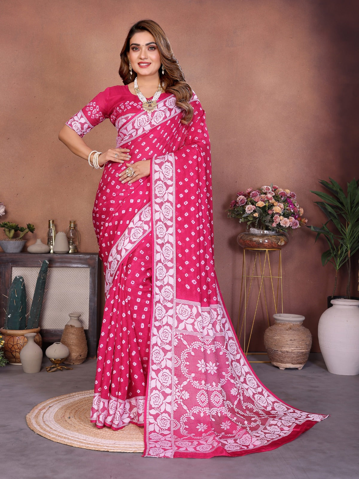 Pure Handmade Bandhej Viscose Silk Saree