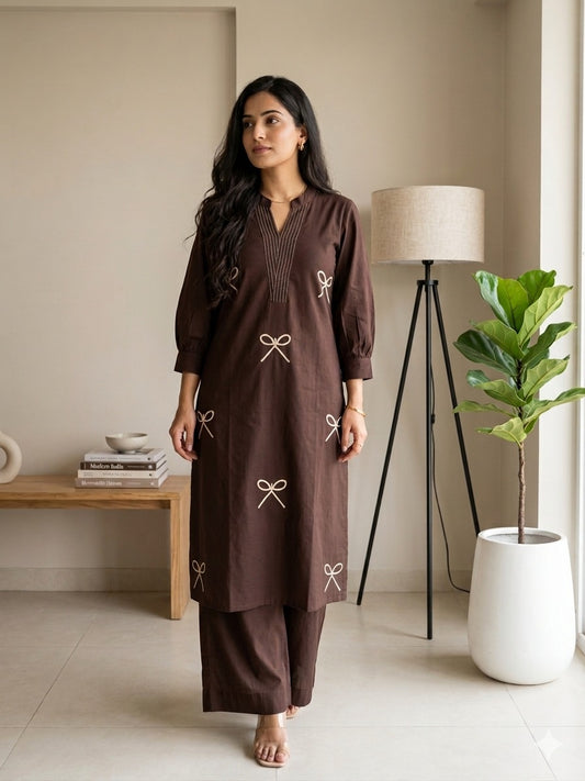 Sophisticated Coffee Brown Cotton Kurti Pant Co-ord Set with Linear V-Neck Embroidery and Minimalist Bow Motifs