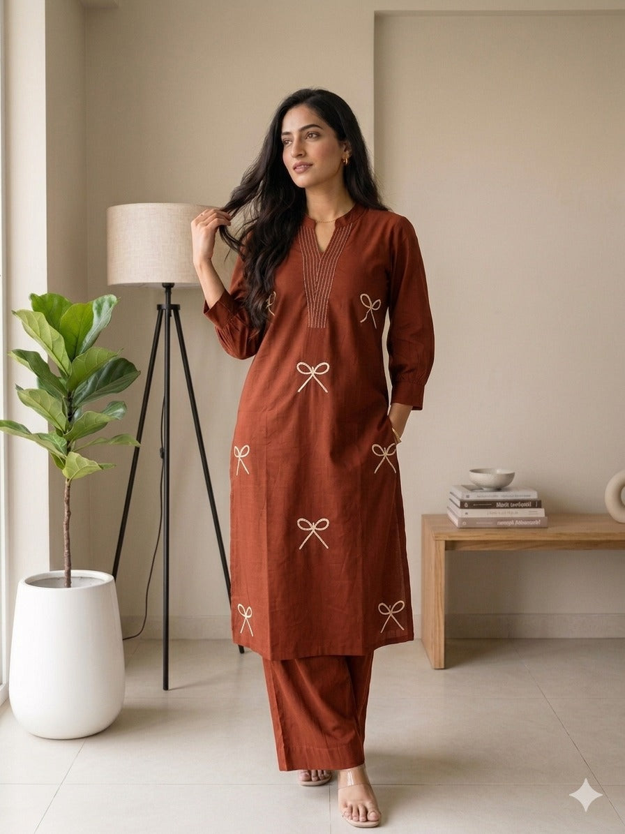 Sophisticated Coffee Brown Cotton Kurti Pant Co-ord Set with Linear V-Neck Embroidery and Minimalist Bow Motifs