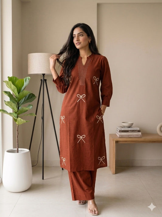 Sophisticated Coffee Brown Cotton Kurti Pant Co-ord Set with Linear V-Neck Embroidery and Minimalist Bow Motifs