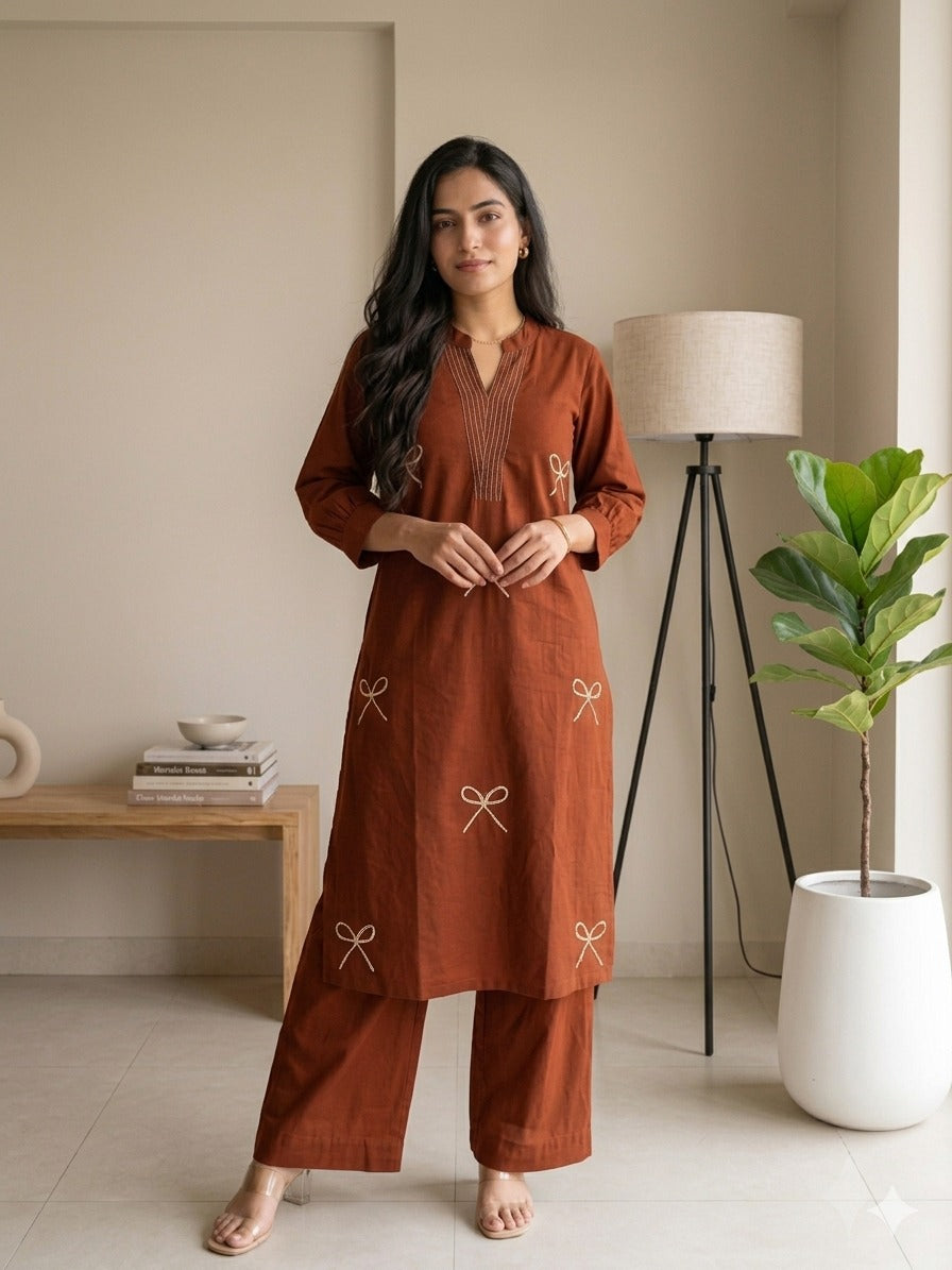 Sophisticated Coffee Brown Cotton Kurti Pant Co-ord Set with Linear V-Neck Embroidery and Minimalist Bow Motifs