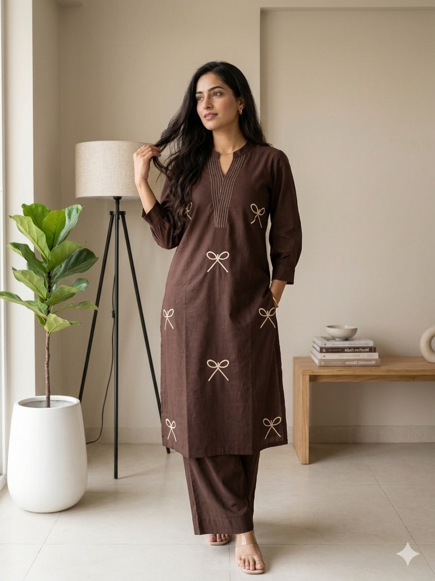 Sophisticated Coffee Brown Cotton Kurti Pant Co-ord Set with Linear V-Neck Embroidery and Minimalist Bow Motifs
