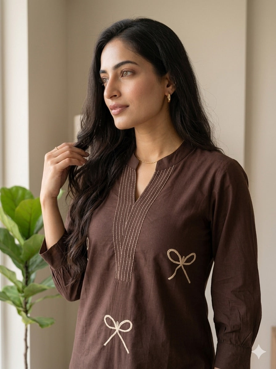 Sophisticated Coffee Brown Cotton Kurti Pant Co-ord Set with Linear V-Neck Embroidery and Minimalist Bow Motifs