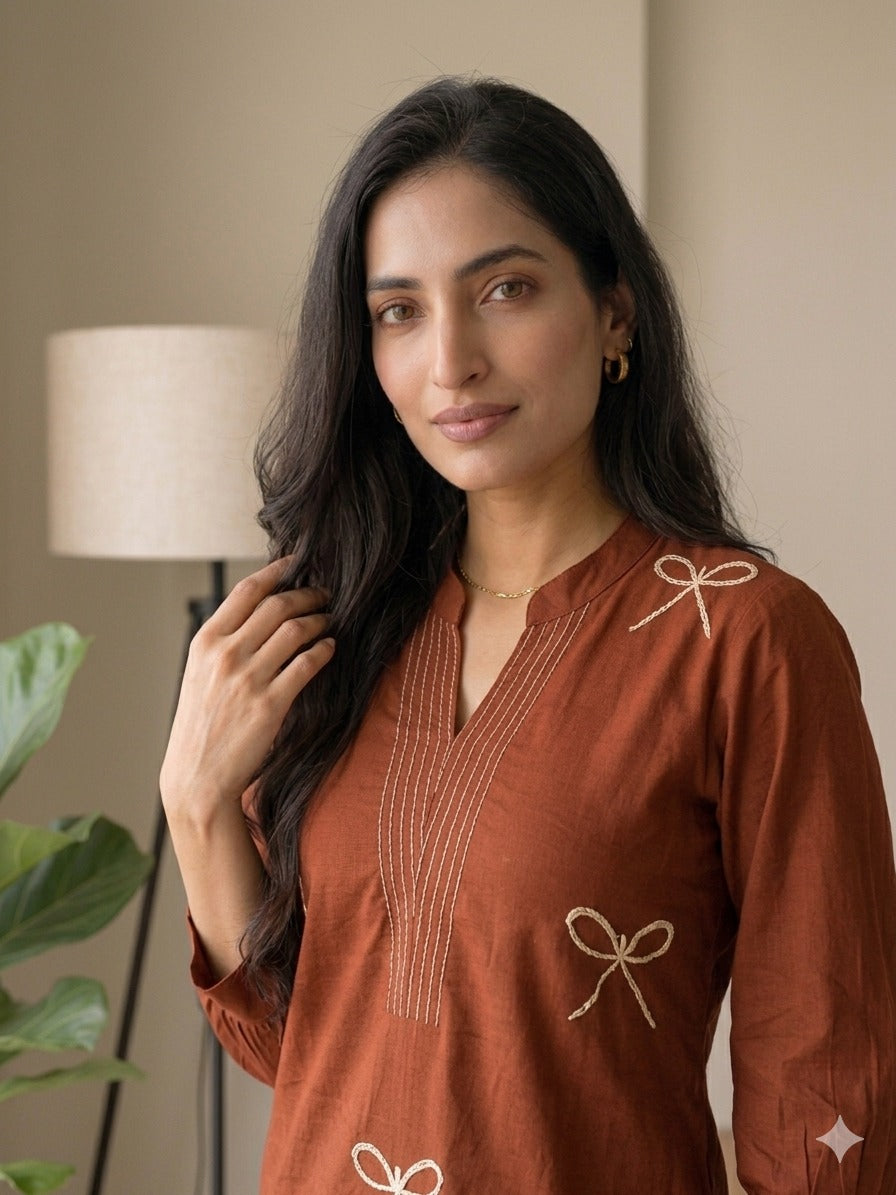 Sophisticated Coffee Brown Cotton Kurti Pant Co-ord Set with Linear V-Neck Embroidery and Minimalist Bow Motifs