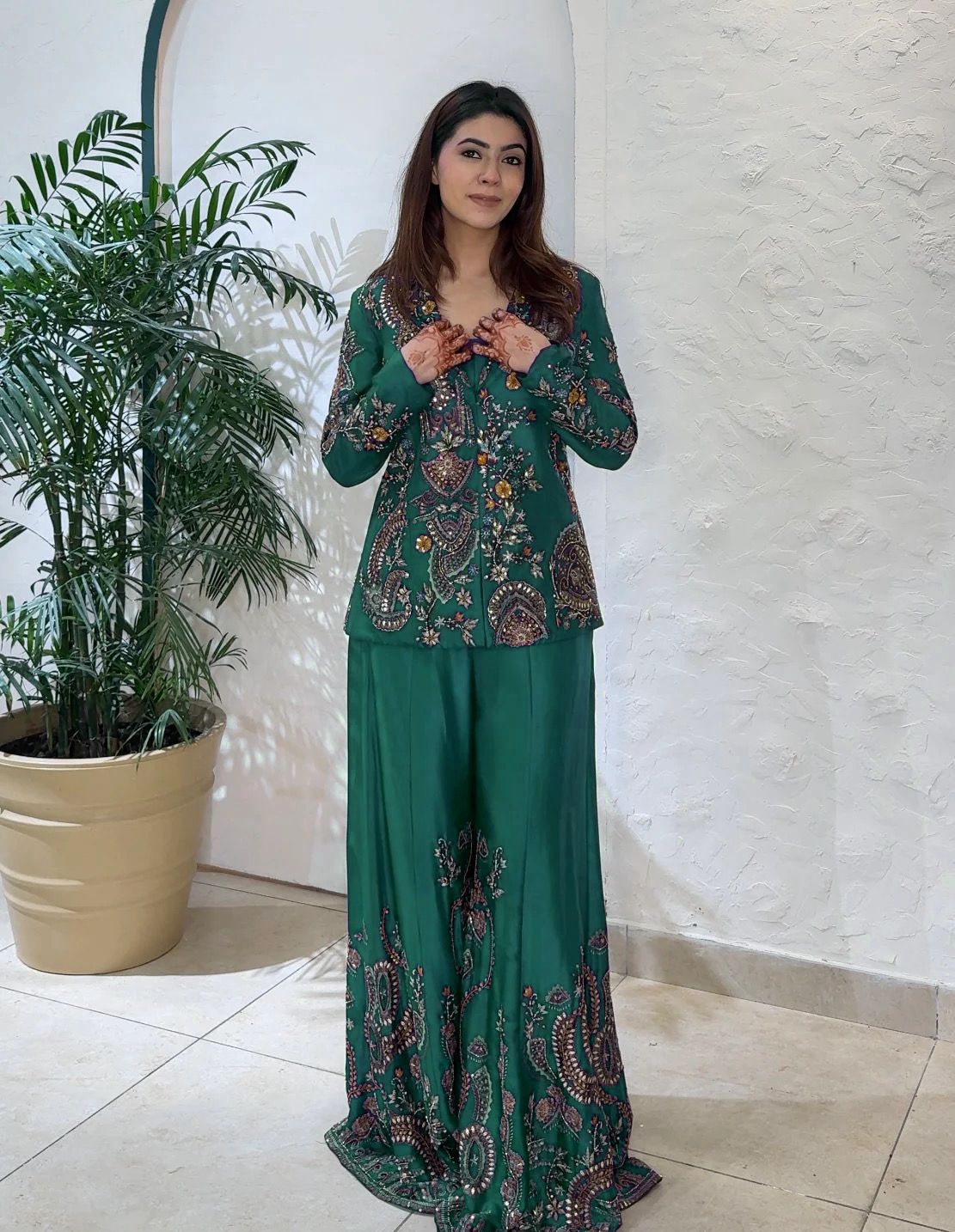PERFECT FOR PARTY AND WEDDING OUR DESIGNER WEAR 3 PIECE PLAZZO PAIR WITH SEQUENCE EMBROIDERY WORK❤️